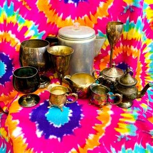 Silverplate Vintage Sugar bowl creamer Goblets Coffee pot Lot of Ten